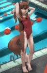  5_toes ahoge anthro breasts brown_body brown_fur brown_hair bulge canid canine canis clothed clothing collarbone covered_navel eyebrow_through_hair eyebrows eyelashes fur gynomorph hair hi_res holo intersex long_hair looking_at_viewer mammal open_mouth orange_eyes poolside seraziel simple_background small_breasts solo spice_and_wolf swimwear teeth toes tongue translucent translucent_hair water wet wolf 