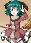  1girl animal_ears bamboo_broom bangs broom brown_background brown_dress dog_ears dress eyebrows_visible_through_hair gradient gradient_background green_eyes green_hair hair_between_eyes highres holding holding_broom kasodani_kyouko long_sleeves looking_at_viewer medium_hair open_mouth ruu_(tksymkw) smile solo standing touhou waving 