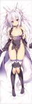  1girl animal_ear_fluff animal_ears ass_visible_through_thighs black_legwear black_panties blue_eyes breasts breasts_outside cameltoe choker dakimakura eyebrows_visible_through_hair fox_ears fox_tail full_body hair_between_eyes hair_ribbon head_tilt highleg highleg_panties highres japanese_clothes kimono knee_cutout knees_together_feet_apart light_purple_hair long_hair looking_at_viewer lying nipples obi on_back original panties parted_lips pelvic_curtain ribbon ribbon_choker sash short_kimono small_breasts solo string_panties tail thighhighs twintails underwear yuzu_modoki 