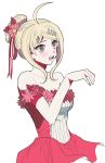  1girl :d ahoge akamatsu_kaede alternate_costume alternate_hairstyle bangs bare_shoulders blonde_hair blush collarbone commentary_request cowboy_shot danganronpa dress dress_flower flower hair_bun hair_flower hair_ornament hair_ribbon hand_up long_hair musical_note musical_note_hair_ornament nabu_(d4ng4nn6bu12) new_danganronpa_v3 open_mouth pink_dress pink_flower ribbon simple_background smile solo strapless strapless_dress striped striped_dress upper_teeth white_background 