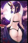  1girl ass back bangs bare_shoulders bob_cut breasts cherry_blossoms dootmoon eyeliner fate/grand_order fate_(series) full_moon headpiece highres horns japanese_clothes kimono long_sleeves looking_at_viewer looking_back makeup moon night night_sky off_shoulder oni oni_horns parted_lips pointy_ears purple_eyes purple_hair purple_kimono revealing_clothes short_hair shuten_douji_(fate/grand_order) skin-covered_horns sky small_breasts tree wide_sleeves 