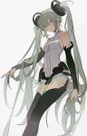  1girl bangs bare_shoulders black_legwear breasts closed_mouth collar detached_sleeves green_hair grey_background grey_eyes hair_between_eyes hair_ornament hatsune_miku highres holding holding_hair long_hair long_sleeves looking_at_viewer shoulder_tattoo sidelocks simple_background solo tattoo twintails very_long_hair vocaloid zhibuji_loom 