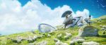  1boy absurdres bird black_hair blue_sky cloud cloudy_sky commentary dated day dofresh english_commentary from_side highres holding holding_staff mecha negative_space original outdoors ruins scenery sheep signature sky solo staff standing white_robe 