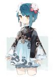  1boy absurdres alternate_costume bangs blue_hair closed_mouth cropped_legs crossdressing dress earrings flower frilled_dress frills genshin_impact hair_flower hair_ornament highres jewelry long_sleeves male_focus sh_(562835932) simple_background single_earring solo two-tone_background xingqiu_(genshin_impact) yellow_eyes 
