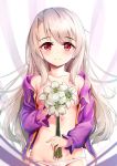  1girl areola_slip areolae asymmetrical_bangs bangs bare_shoulders blonde_hair blush breasts closed_mouth collarbone commentary_request dot_nose eyebrows_visible_through_hair fate/stay_night fate_(series) flower groin holding holding_flower illyasviel_von_einzbern jacket long_hair long_sleeves looking_at_viewer nipples off_shoulder open_clothes open_jacket panties pink_jacket red_eyes revision small_breasts smile solo striped underwear upper_body white_flower white_panties yan_(nicknikg) 