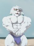 2020 abs absurd_res anthro beach big_muscles big_pecs bulge clothing cup disposable_cup eyewear felid flexing fur goggles goggles_on_head hi_res lion looking_at_viewer male mammal mane muscular muscular_anthro muscular_male nipples open_mouth outside pantherine pecs ripped-saurian seaside solo speedo standing swimwear white_body white_fur white_mane 