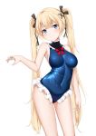  1girl absurdres azur_lane bangs black_ribbon blonde_hair blue_eyes blue_swimsuit blush bottle bow breasts cat_(yidsv) covered_navel dead_or_alive eyebrows_visible_through_hair frilled_swimsuit frills hair_ornament hair_ribbon highres holding holding_bottle large_breasts long_hair looking_at_viewer marie_rose one-piece_swimsuit red_bow ribbon simple_background smile solo standing swimsuit twintails very_long_hair water_bottle white_background x_hair_ornament 