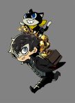  1boy amamiya_ren bandana black_cat black_hair black_jacket black_pants blue_eyes carrying cat chibi commentary_request full_body gloves grey_background highres himukai_yuuji jacket long_sleeves male_focus mask morgana_(persona_5) pants persona persona_5 popped_collar pouch red_gloves short_hair simple_background trophy yellow_neckwear 