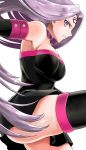  1girl absurdres artist_request black_legwear breasts choker fate/stay_night fate_(series) highres leg_up long_hair no_bra purple_eyes purple_hair rider shiny shiny_skin sideboob simple_background skirt solo thighhighs white_background 