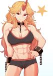  1girl abs absurdres bike_shorts black_sports_bra blonde_hair breasts chain cleavage commentary_request cowboy_shot cuffs fugaku_(miko_no_miyatsuguchi) gradient gradient_background hand_on_hip highres horns hoshiguma_yuugi long_hair muscle muscular_female navel pointy_ears red_eyes shackles single_horn solo sports_bra star_(symbol) stomach toned touhou 