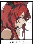  1girl arknights bangs bare_shoulders blue_eyes character_name close-up closed_mouth collar frame from_side hair_between_eyes horns lips long_hair looking_at_viewer looking_to_the_side red_hair sidelocks simple_background sleeveless solo surtr_(arknights) white_background zhibuji_loom 