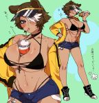  animal_humanoid between_breasts big_breasts bodily_fluids bottomwear breasts brown_hair cleavage clothed clothing drinking female hair hair_over_eye hi_res humanoid mammal mammal_humanoid one_eye_obstructed picco_(artist) shorts solo sweat ursid ursid_humanoid 