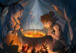  1girl absurdres bonfire bowl chinese_commentary commentary_request cooking fire fire_emblem fire_emblem_fates fire_emblem_heroes food highres hinata_(fire_emblem) kaden_(fire_emblem) ladle mavis_fuji multiple_boys oboro_(fire_emblem) open_mouth pot smile subaki_(fire_emblem) tent 