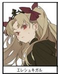  1girl bangs blonde_hair blush bow character_name close-up closed_mouth collar ear_piercing earrings ereshkigal_(fate/grand_order) fate/grand_order fate_(series) frame hair_bow hair_ornament jewelry long_hair looking_at_viewer parted_bangs piercing red_bow red_eyes simple_background solo sweat tiara upper_body white_background zhibuji_loom 