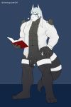  2:3 absurd_res aggron anthro balls barefoot blue_hair book bottomless cherrypickergm clothed clothing eyewear facial_markings flaccid furgonomics genitals glasses hair hand_on_hip head_markings hi_res holding_book holding_object horn looking_at_viewer male markings muscular muscular_anthro muscular_male nintendo partially_clothed penis percival_prescott pok&eacute;mon pok&eacute;mon_(species) red_eyes shirt solo topwear unbuttoned_shirt video_games 