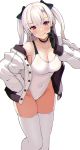  1girl bangs bare_shoulders blush breasts collarbone gloves highres jacket large_breasts long_hair long_sleeves looking_at_viewer off_shoulder open_clothes open_jacket original purple_eyes simple_background smile sukebewe twintails white_background white_hair 