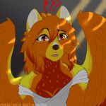  1:1 2020 anthro breasts canid canine digital_media_(artwork) eyebrows eyelashes feathered_wings feathers female fox fur hybrid mammal monstercheetah solo whiskers wings yellow_body yellow_fur 