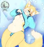  anthro blue_eyes blush bulge canid canine chest_tuft chubby_male clothed clothing clothing_lift ear_tuft fox looking_at_viewer male mammal moucchiato narrowed_eyes navel nipples partially_clothed shirt shirt_lift slightly_chubby solo sparkles star sweater tongue tongue_out topwear tuft underwear 