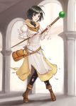  1girl black_hair boots breasts broken broken_weapon brown_eyes commission fire_emblem fire_emblem:_radiant_dawn full_body hazuki_(nyorosuke) highres holding holding_weapon indoors laura_(fire_emblem) medium_breasts open_mouth short_hair skeb_commission staff torn_clothes torn_legwear weapon 