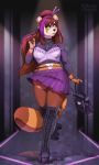  2020 3:5 5_fingers ailurid anthro black_nose bottomwear breasts brown_hair clothed clothing digital_media_(artwork) ear_piercing eyebrows eyelashes female fingers green_eyes hair hi_res kittysilence mammal piercing purple_hair red_panda skirt solo standing 