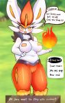  2020 absurd_res anthro belly blush bodily_fluids breasts cinderace dialogue english_text eyelashes female fire hi_res kyodashiro lagomorph looking_at_viewer mammal navel nintendo open_mouth pok&eacute;mon pok&eacute;mon_(species) saliva slightly_chubby solo speech_bubble text tongue tongue_out video_games 