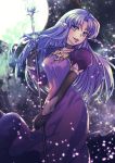  1girl absurdres asymmetrical_gloves asymmetrical_sleeves black_choker black_gloves caster choker collarbone commentary_request dress elbow_gloves fate/grand_order fate_(series) full_moon gloves highres holding holding_staff huge_filesize lipstick long_dress long_hair looking_at_viewer makeup moon night night_sky purple_dress purple_eyes purple_hair purple_lipstick sasa_mizuka single_elbow_glove sky smile solo staff very_long_hair 