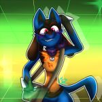  1:1 2019 abstract_background alternate_color ambiguous_gender bag blue_body blue_fur blush cloud8doesstuff fur green_background humanoid looking_at_viewer lucario nintendo pok&eacute;mon pok&eacute;mon_(species) profile_picture purple_scarf red_eyes scarf signature simple_background smiling_at_viewer solo video_games 