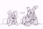  5_fingers animatronic buckteeth duo eyelashes female fingers five_nights_at_freddy&#039;s five_nights_at_freddy&#039;s:_security_breach five_nights_at_freddy&#039;s_3 half-closed_eyes hi_res lagomorph leporid machine male mammal monochrome narrowed_eyes rabbit robot skeletoninthemelonland springtrap_(fnaf) stitch_(disambiguation) teeth vanny_(fnaf) video_games 