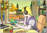  1girl blonde_hair book bookshelf border braid cathedral closed_mouth computer day desk desk_lamp dress frog from_side headphones holding holding_pencil indoors jitome lamp laptop lofi_hip_hop_radio_-_beats_to_relax/study_to long_hair metropolis_(fritz_lang) pencil poster_(object) purple_dress single_braid smalllebowski solo studying white_border window writing 