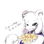  1:1 2018 asriel_dreemurr asriel_dreemurr_(god_form) black_sclera boss_monster bovid caprine clothed clothing duo english_text floppy_ears flower horn human mammal ping_koon plant simple_background text undertale video_games white_background 