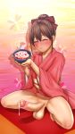  1girl blush brown_hair cum cum_on_food cumdrip daisy_mitsumata erection food fruit full-package_futanari futanari highres japanese_clothes kimono original strawberry testicles 