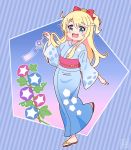  1girl :3 :d bangs blonde_hair blue_background blue_kimono blush bow commentary_request diagonal_stripes eyebrows_visible_through_hair floating_hair hair_bow hair_ornament happy highres himesaka_noa holding japanese_clothes kimono leaf long_hair long_sleeves looking_at_viewer obi open_mouth pink_sash print_kimono r245 red_bow sash signature smile solo standing standing_on_one_leg striped striped_background thick_eyebrows twitter_username watashi_ni_tenshi_ga_maiorita! wide_sleeves wind_chime yellow_bow zouri 