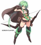  1girl armpits arrow_(projectile) bangs black_gloves black_legwear boots bow_(weapon) breasts brown_cape brown_gloves brown_shorts cape commentary_request copyright_name full_body gloves goblin_slayer! green_eyes green_hair groin hand_up high_elf_archer_(goblin_slayer!) highres holding holding_bow_(weapon) holding_weapon karukan_(monjya) knee_boots looking_at_viewer navel open_clothes open_shorts pointy_ears quiver short_hair short_shorts shorts simple_background small_breasts solo standing thighhighs weapon white_background 