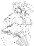  1girl abs absurdres andou_hiroyuki animal_ears areola_slip areolae arm_up belt blush breasts character_request collarbone covered_nipples eyebrows_visible_through_hair fate/grand_order fate_(series) fur_trim greyscale hatching_(texture) highres jacket jewelry large_breasts long_hair looking_at_viewer monochrome muscle muscular_female necklace off-shoulder_jacket off_shoulder parted_lips pubic_tattoo shorts simple_background sketch solo spikes spot_color sweat tattoo thighhighs white_background 