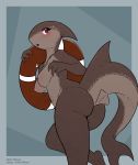  anthro blush breasts brown_body etheross female fish hi_res lifeguard marine non-mammal_breasts nude pikajota rear_view shark solo worried_look 