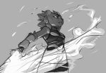  action_pose anthro clairen_(rivals_of_aether) elranno felid female greyscale hair_braid hi_res laser_sword mammal monochrome pantherine plasma pose rivals_of_aether simple_background sleeveless_shirt solo solo_focus video_games 