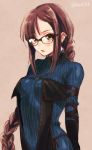  1girl arm_strap black_dress black_gloves blue_dress blush braid braided_ponytail breasts brown_eyes brown_hair center_opening choker consort_yu_(fate) covered_navel dress earrings elbow_gloves fate/grand_order fate_(series) glasses gloves jewelry layered_dress long_hair long_sleeves medium_breasts multiple_earrings open_mouth ribbed_dress ribbon-trimmed_dress seeds328 single_braid very_long_hair 
