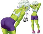  1girl absurdres armpits arms_up ass back bent_over bike_shorts blush breasts cheelai cleavage dragon_ball dragon_ball_super dragon_ball_super_broly echo_saber english_commentary full_body green_skin grin heavy_breathing highres lowleg lowleg_shorts medium_breasts midriff multiple_views navel pigeon-toed pink_eyes pink_footwear purple_shorts shoes short_hair shorts silver_hair skin_tight smile sneakers solo sports_bra sweat white_sports_bra 