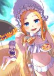  2girls abigail_williams_(fate/grand_order) abigail_williams_(swimsuit_foreigner)_(fate) bangs bare_shoulders beach bikini blonde_hair blue_eyes blue_sky blush bonnet bow breasts fate/grand_order fate_(series) food forehead hair_bow highres horns lavinia_whateley_(fate/grand_order) long_hair looking_at_viewer miniskirt multiple_girls navel open_mouth pancake parted_bangs shore sidelocks single_horn skirt sky small_breasts smile sugib swimsuit very_long_hair white_bikini white_bow white_hair white_headwear wide-eyed 