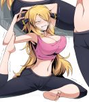  1girl alternate_costume armpits barefoot blonde_hair blush breasts cleavage clenched_teeth collage commentary_request constricted_pupils cynthia_(pokemon) exercise fang feet flexible grey_eyes gym hair_over_one_eye large_breasts long_hair midriff navel nose_blush on_floor outline pants pink_sports_bra pokemon pokemon_(game) pokemon_dppt shimure_(460) shiny shiny_hair sitting soles solo sports_bra standing stretch struggling sweat teeth toes trembling very_long_hair yoga_pants 