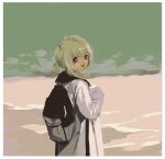  1girl backpack bag blonde_hair grey_eyes hair_bun hood hoodie kouka_(mrakano5456) looking_back open_mouth original smile solo 