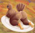  abstract_background anthro anus ass_up avian beak big_breasts big_butt bird breasts brown_body butt curvy_figure feathers female galliform genitals gentlemandemon hi_res holidays looking_at_viewer lying non-mammal_breasts phasianid plate presenting pussy raised_tail rear_view slightly_chubby smile solo talons thanksgiving turkey voluptuous 