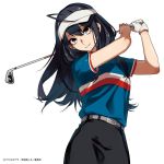  1girl act-age ahoge artist_request black_hair eyelashes gloves golf golf_club happy long_hair looking_at_viewer official_art shirt sidelocks simple_background smile solo source_request standing white_background white_gloves yonagi_kei 