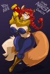  ann_gustave anthro big_breasts big_tail boots bottomwear braided_hair breasts canid canine carmelita_fox chalo clothed clothing collar cosplay ear_piercing ear_ring english_text eyebrow_through_hair eyebrows female footwear fox gloves hair handwear holding_object holding_weapon jacket las_lindas long_hair long_sleeves long_tail mammal midriff open_clothing open_jacket open_topwear pants piercing ponytail ranged_weapon raygun red_hair running simple_background sly_cooper_(series) smile solo sony_corporation sony_interactive_entertainment sucker_punch_productions text topwear translucent translucent_hair tube_top video_games watermark weapon webcomic zipper 