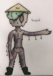  1_eye ambiguous_gender clothed clothing conical_hat demon elemental_creature elemental_humanoid eyes_closed featureless_crotch flora_fauna green_hair grey_body grey_skin hair hat headgear headwear humanoid leaf leaf_hair mostly_nude not_furry one_arm partially_clothed plant plant_hair plant_humanoid pseudo_hair raised_arm ribs solo text treant tree tree_humanoid wdkinc woodock 