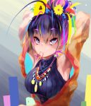  1girl armpits arms_behind_head arms_up bangs bare_shoulders blonde_hair blue_eyes blue_hair blush breasts cluseller commentary_typo english_commentary eyebrows_visible_through_hair flower gradient gradient_background green_hair hair_bun hair_flower hair_ornament hair_tie highres jacket jewelry large_breasts light_blush long_sleeves looking_up mouth_hold multicolored multicolored_eyes multicolored_hair necklace orange_jacket original pink_hair purple_eyes purple_hair red_hair ribbed_shirt shirt simple_background sleeveless sleeveless_shirt solo streaked_hair tying_hair upper_body yellow_eyes yellow_flower 