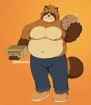  2020 anthro bariumfox belly bottomwear brown_body brown_fur canid canine clothing cookie eyes_closed food fur hi_res humanoid_hands male mammal moobs navel nipples overweight overweight_anthro overweight_male pants raccoon_dog solo tanuki 