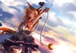  1girl arm_above_head armpits arms_up bangs belt blurry bokeh bow closed_eyes closed_mouth cloud commentary_request cowboy_shot cuffs depth_of_field dutch_angle eyebrows_behind_hair flat_chest gradient_sky hair_between_eyes hair_bow highres horn_ornament horn_ribbon horns ibuki_suika long_hair oni_horns orange_hair purple_skirt red_bow red_neckwear red_ribbon ribbon shackles shiranui_(wasuresateraito) shirt skirt sky sleeveless sleeveless_shirt smile solo standing stretch swept_bangs torn_clothes touhou very_long_hair wrist_cuffs 