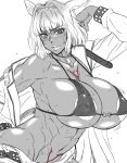  1girl abs absurdres andou_hiroyuki animal_ears areola_slip areolae arm_up belt blush breasts character_request collarbone covered_nipples cropped dark_skin dark_skinned_female eyebrows_visible_through_hair fate/grand_order fate_(series) fur_trim greyscale hatching_(texture) highres jacket jewelry large_breasts long_hair looking_at_viewer monochrome muscle muscular_female necklace off-shoulder_jacket off_shoulder parted_lips shorts simple_background solo spikes spot_color sweat white_background 