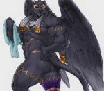  2020 abs anthro arm_tuft big_muscles big_wings black_body black_feathers black_fur black_nose body_hair butt chest_tuft claws elbow_tufts eye_patch eyewear feathers felid fur hand_on_hip happy_trail holding_object humanoid_pointy_ears long_tail looking_at_viewer looking_back male mammal markings melanistic muscular muscular_anthro muscular_male nude pantherine pecs portrait pubes scar simple_background solo standing tezcatlipoca thick_thighs three-quarter_portrait tokyo_afterschool_summoners tora_gy towel tuft video_games wings 